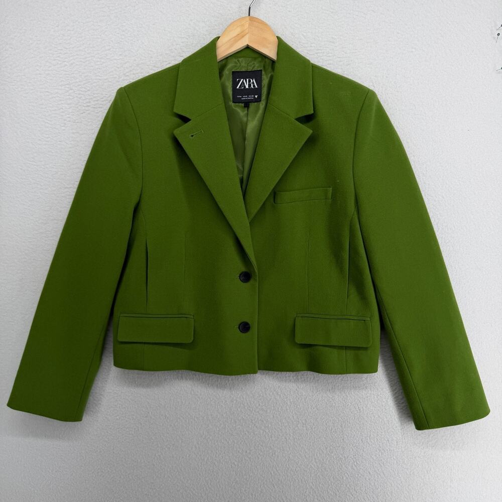 ZARA Blazer Womens M Cropped Felt Multi Pocket Notch Collar Green